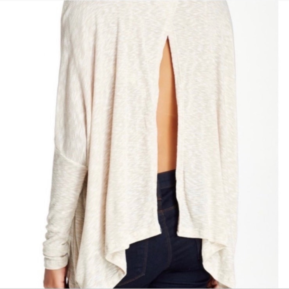 lush ribbed cowl neck split back top in oatmeal, size small - Picture 2 of 6